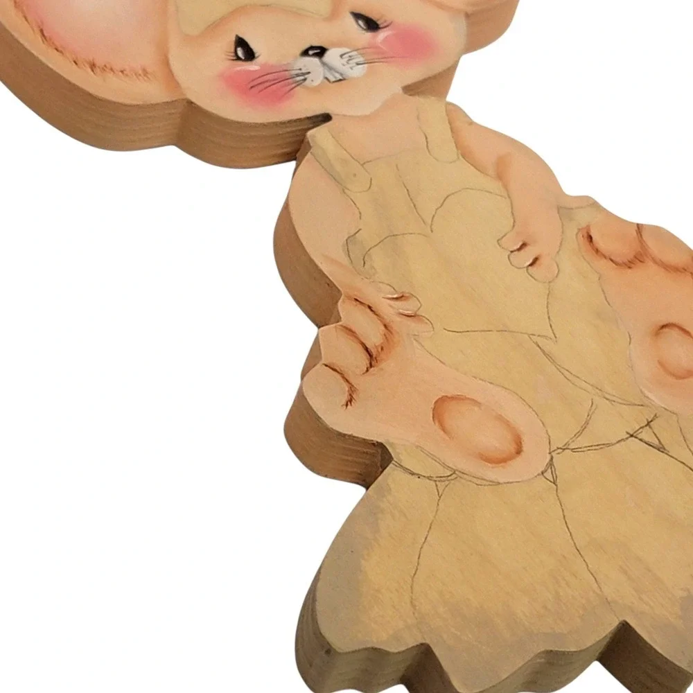 VTG 70s Mouse Sunflower Wall Art Shelf Sitter Wooden Handpainted Nursery Decor‎
